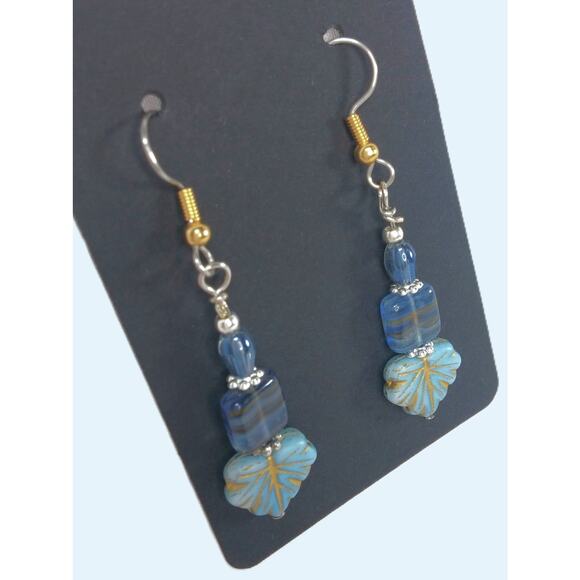 Artisan Blue Fall Glass Earrings Dangle Autumnal Silver Tone Accents Beaded NEW - Picture 7 of 10